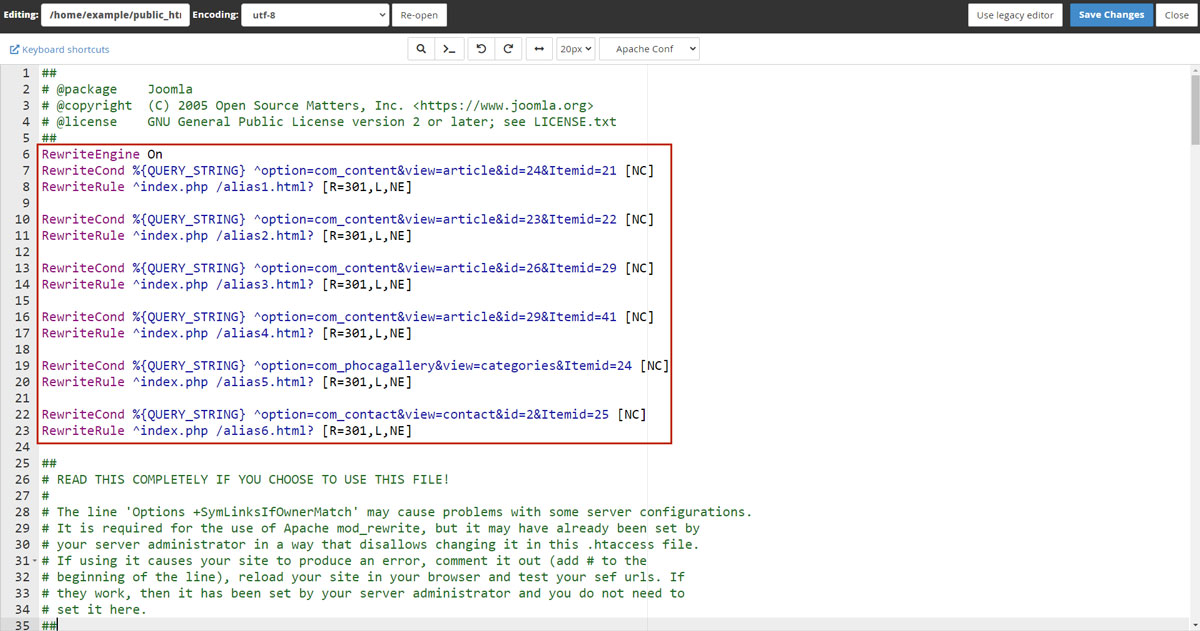 Code in .htaccess file