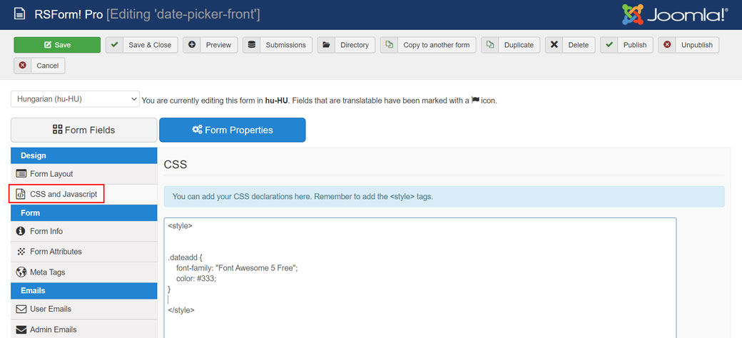 Adding CSS rule to Rsform
