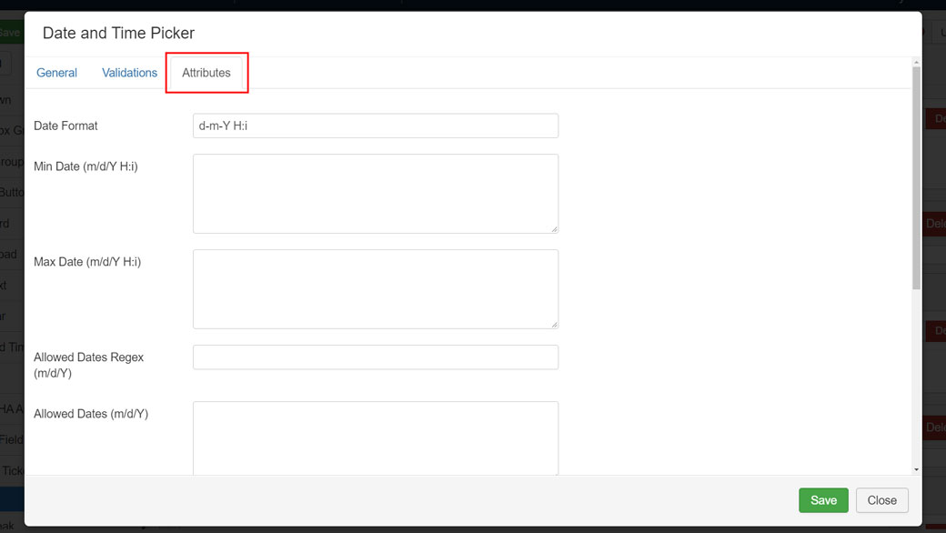 Attributes tab of Calendar field in RSform in Joomla