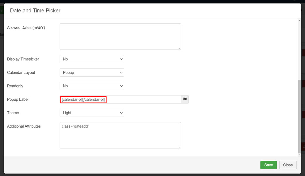 Attributes tab of Calendar field in RSform in Joomla