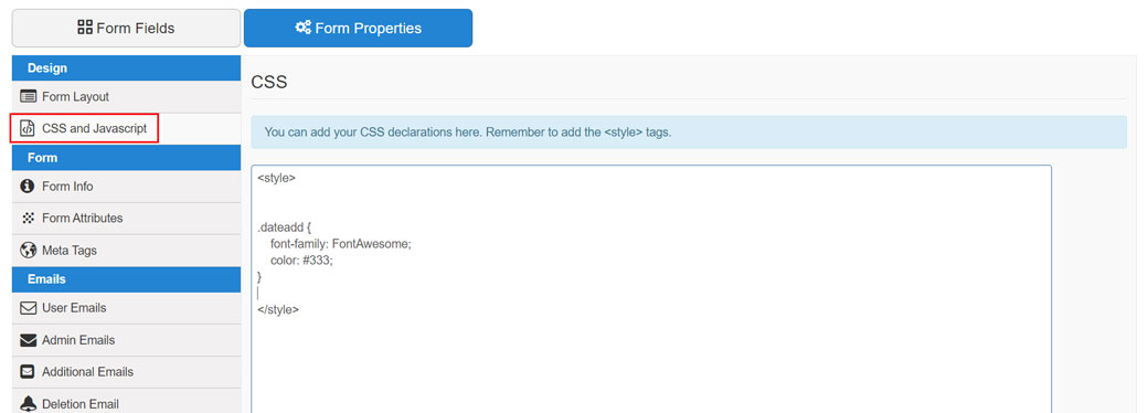 CSS section within Rsform