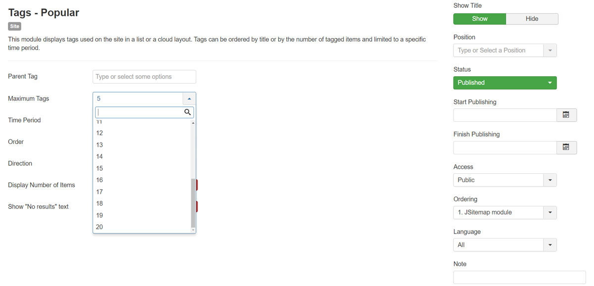 Configuring Popular tags module