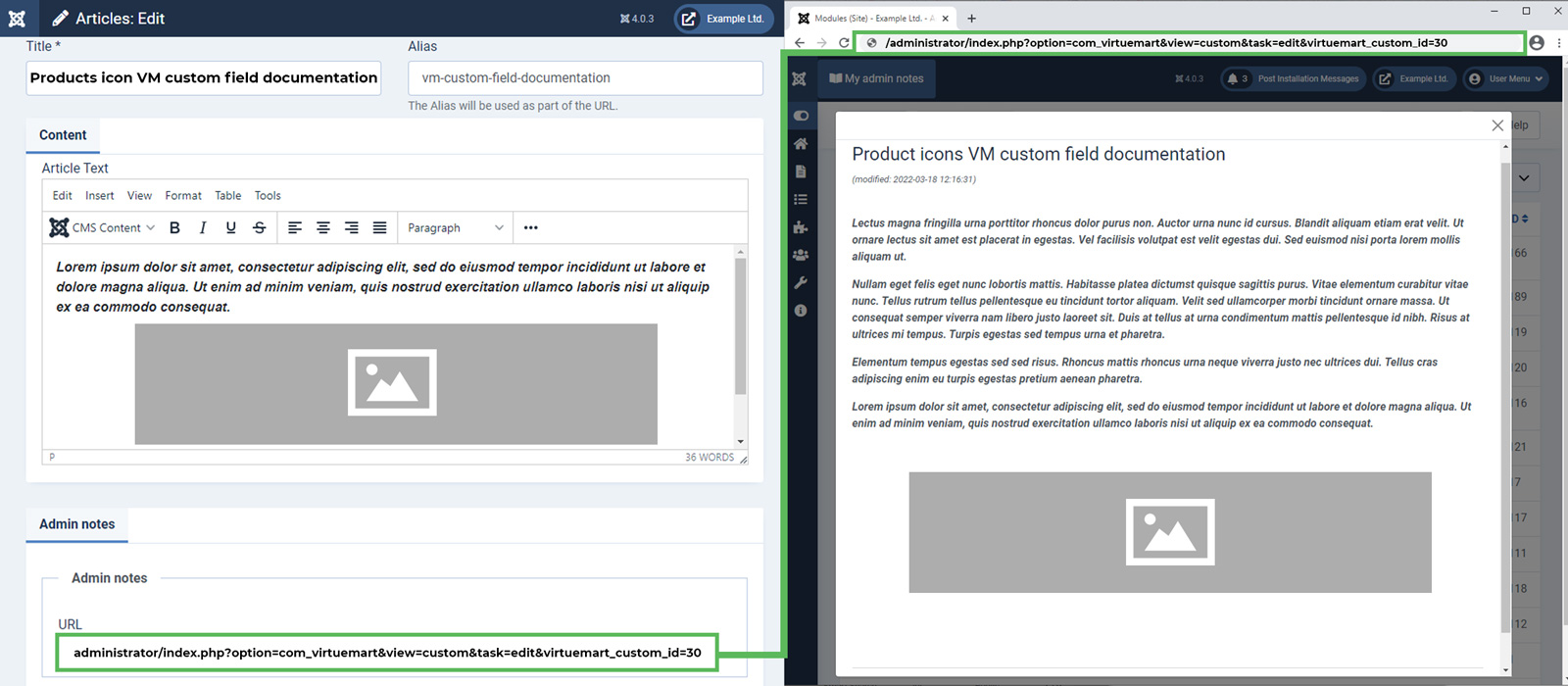 Administrator view about editing and opening admin notes documentation