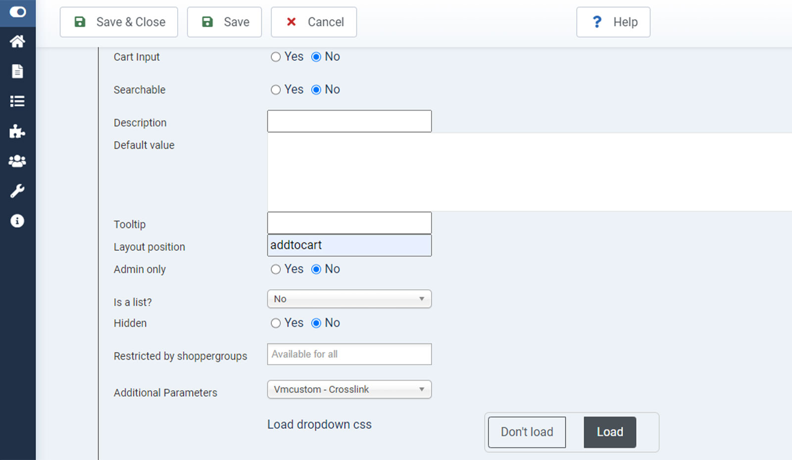 Creating a Crosslink Virtuemart custom field - layout positions