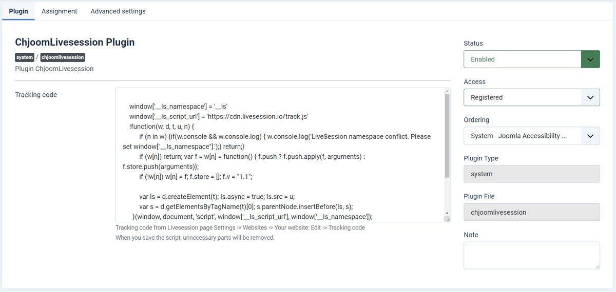 Tracking code within Chjoom Livesession, Joomla