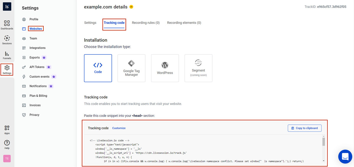 Tracking code in website's LiveSession