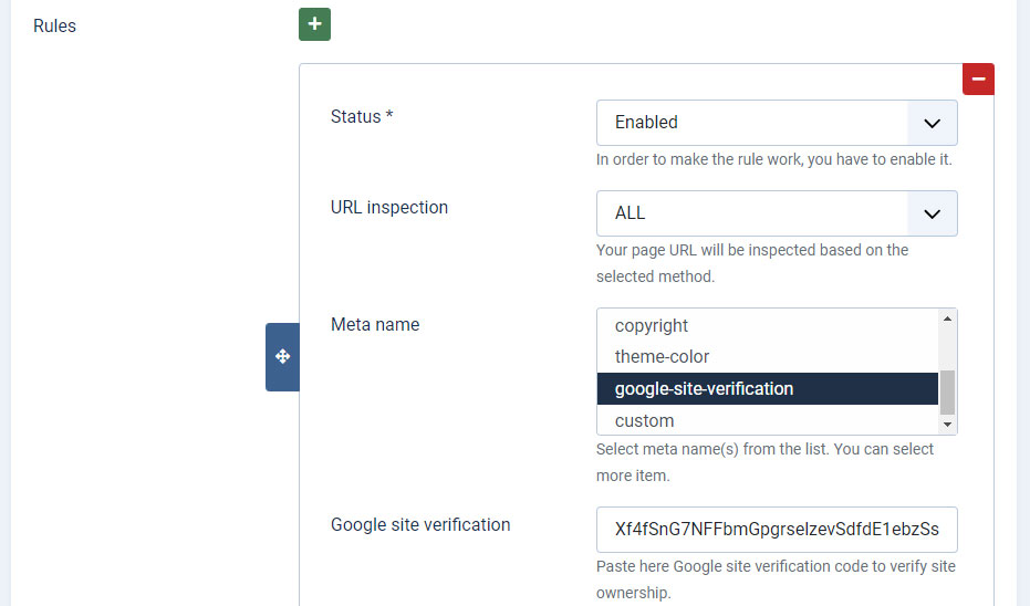 Setting Google site verification code in Meta data plugin