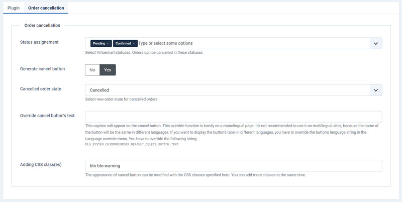 Order cancellation settings in the plugin