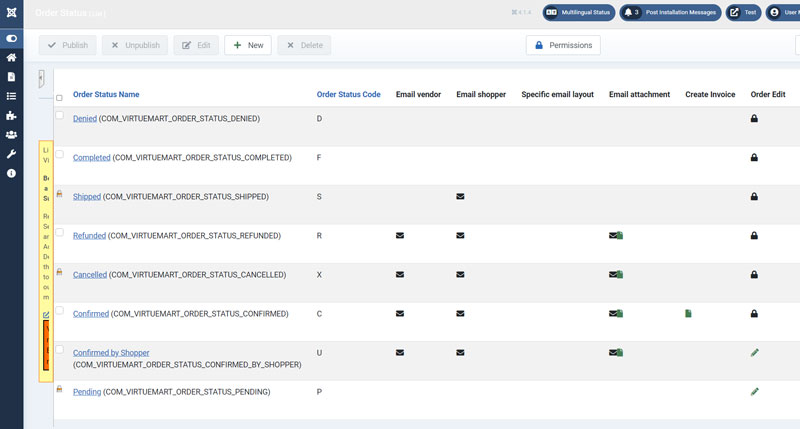 Configuring order statuses in Virtuemart