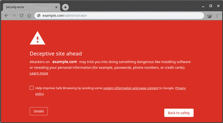 Misleading page - browser message