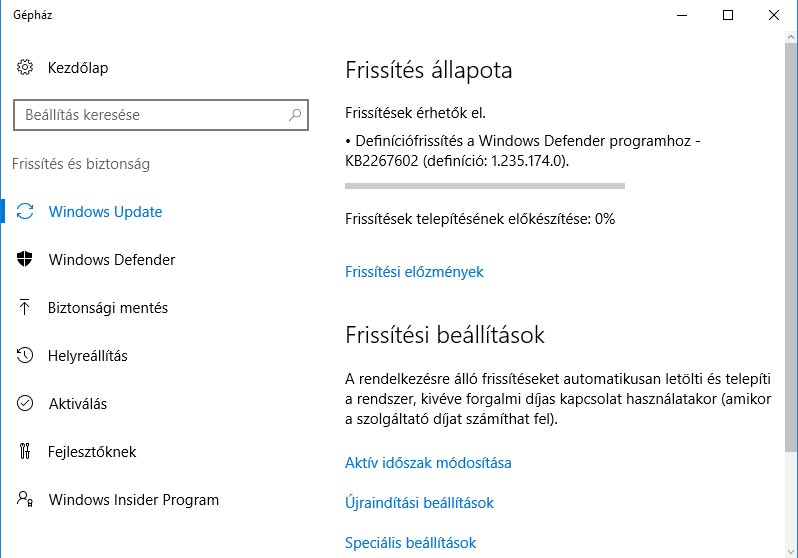 Windows 10 Frissítés gépház